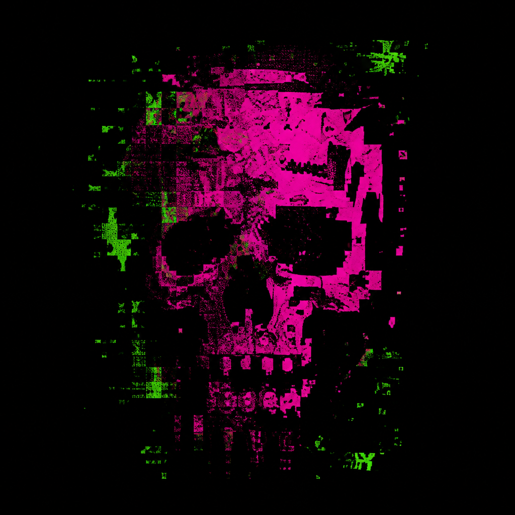 Pink pixel-glitch skull from the Medium board